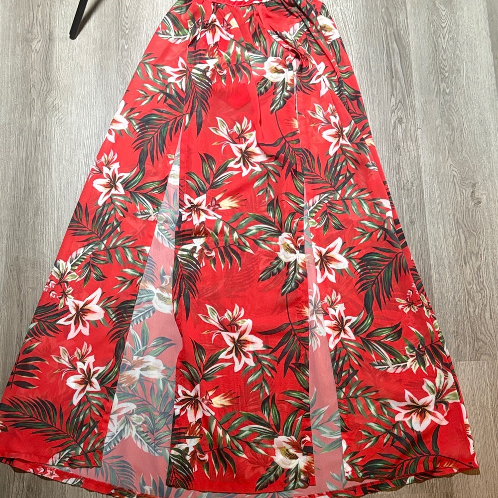 Red Tropical Floral Maxi Skirt